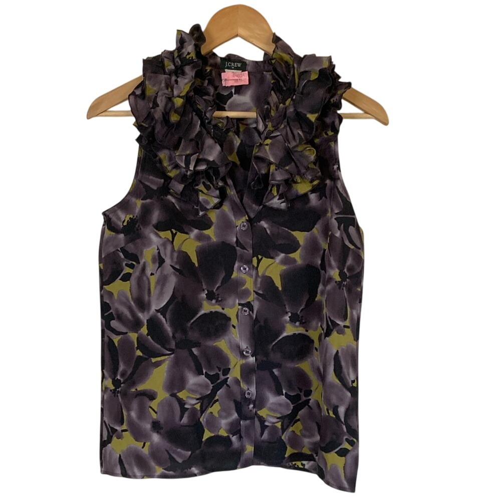 J. Crew Women's Silk Floral Sleeveless Ruffle Collar Blouse Size 2 Career Girly